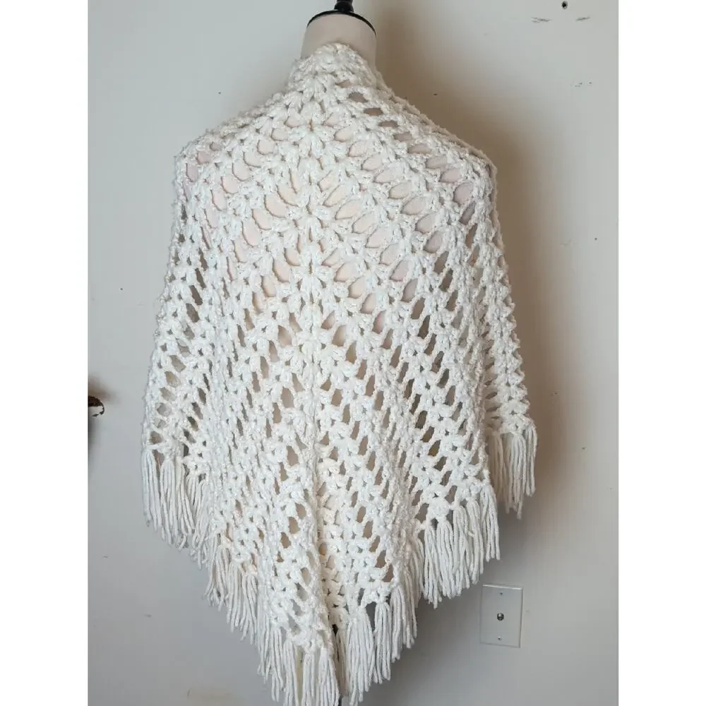 Vintage Handmade Crochet Fringe Shawl Cottagecore Prairie Festival Wrap